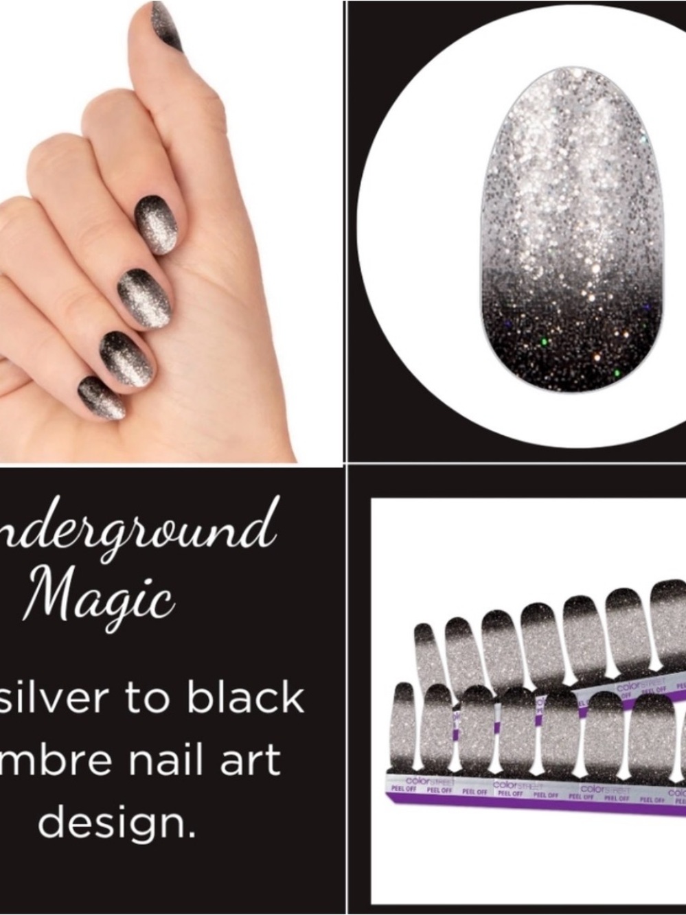 Color Street Underground Magic Silver to Black Ombre Glitter Press-On Nail Strip